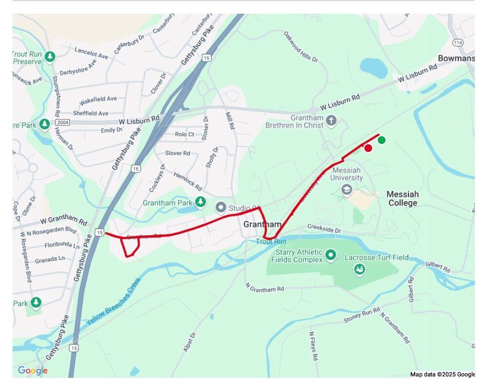 A digital map displays a red route line tracking a path between Messiah University and the nearby Grantham area. The route starts and ends at the same location, marked with green and red dots near Messiah University. It extends westward, crossing Trout Run and passing through Grantham before looping around a small neighborhood near Gettysburg Pike. The path then returns along the same route back to the university. The background features labeled locations, including Grantham Park, Starry Athletic Fields Complex, and Lacrosse Turf Field, along with roads, waterways, and green spaces.