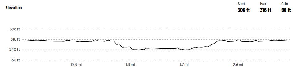 A line graph depicting the elevation profile of a race or event route over a distance of approximately 2.6 miles. The elevation starts at 306 feet, with a maximum height of 316 feet and a total elevation gain of 86 feet. The graph shows minor fluctuations in elevation, with a slight dip around the middle of the route before gradually rising again toward the end.