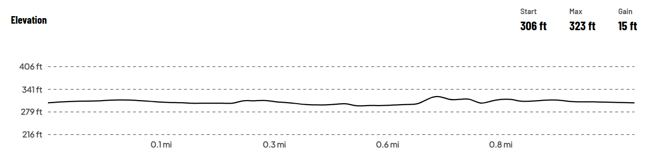 A line graph illustrating the elevation changes over the course of a route. The x-axis represents distance in miles, while the y-axis indicates elevation in feet. The graph shows a relatively flat course with minor fluctuations in elevation. The starting elevation is 306 feet, with a maximum elevation of 323 feet, resulting in a total elevation gain of 15 feet.