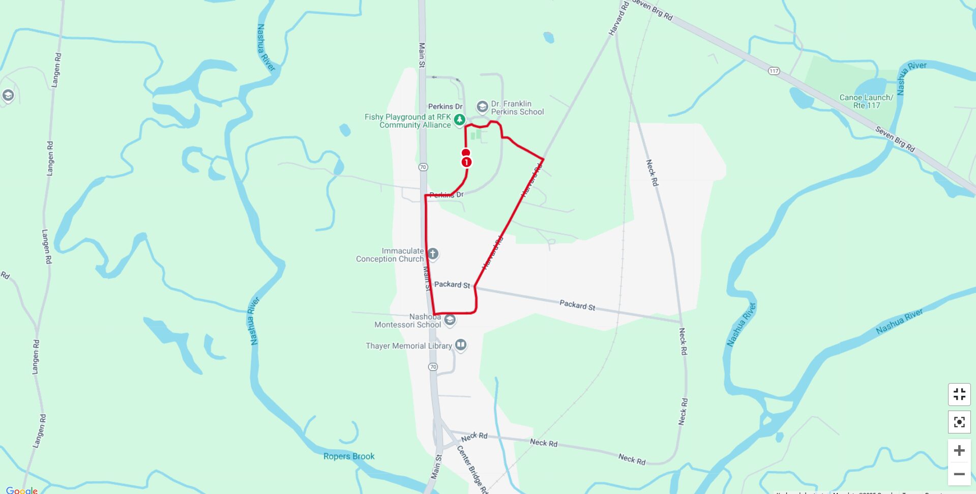 A digital map displaying a running or walking route outlined in red through a suburban area. The route passes by landmarks such as the Dr. Franklin Perkins School, Fishy Playground at RFK Community Alliance, Immaculate Conception Church, Nashoba Montessori School, and Thayer Memorial Library. The surrounding area includes green spaces, winding rivers, and roads such as Packard Street and Neck Road. The map provides a clear overview of the course within a community setting.