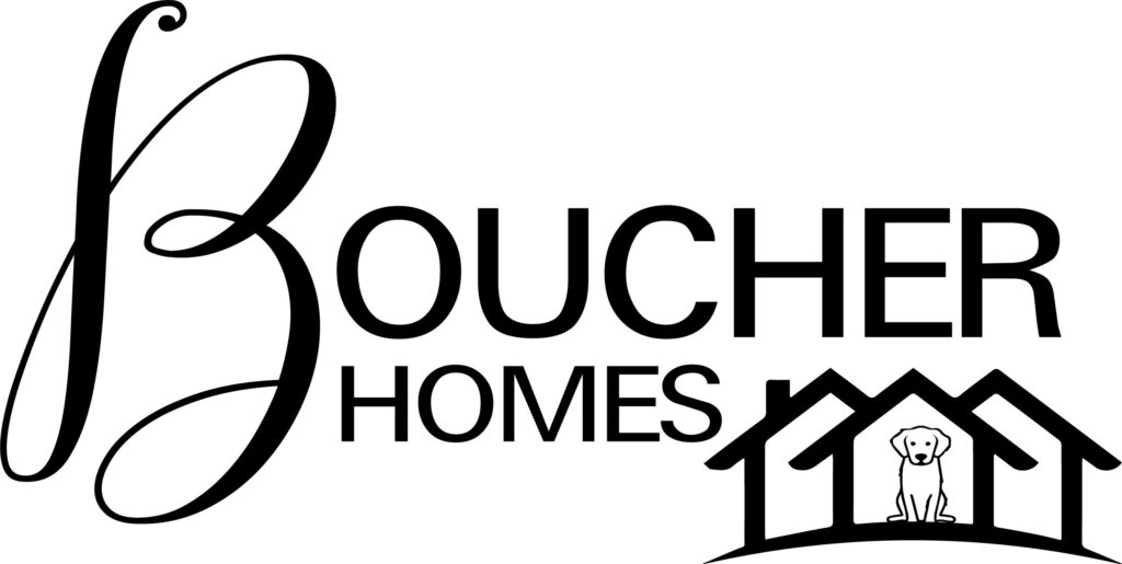 The logo for Boucher Homes features a combination of elegant script and bold, modern typography. The word "Boucher" is prominently displayed, with a large, flowing "B" in an ornate script style, contrasting with the rest of the name in a strong, uppercase sans-serif font. Below it, the word "Homes" is written in a clean, modern style. To the right, the logo includes a stylized house icon composed of three overlapping rooflines. Inside the central house, there is a simple, minimalistic illustration of a dog sitting, adding a welcoming and compassionate touch, potentially symbolizing a pet-friendly or homey atmosphere. The black and white color scheme enhances the sophisticated and professional look of the brand, while the dog illustration suggests warmth and inclusivity.