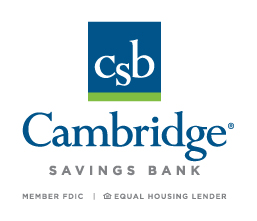 The logo for Cambridge Savings Bank (CSB) features a blue square with the lowercase white letters "csb" inside it, with a green stripe at the bottom. Below, the word "Cambridge" appears in bold blue serif font, followed by "SAVINGS BANK" in smaller uppercase sans-serif font. At the bottom, it includes the text "MEMBER FDIC | EQUAL HOUSING LENDER", indicating its regulatory compliance. The design conveys a sense of trust, professionalism, and financial security.