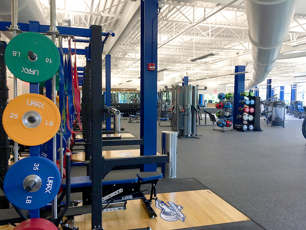 A spacious, well-lit gym features weightlifting equipment, resistance bands, and various fitness machines. In the foreground, a squat rack holds colorful weight plates labeled "UMAX" in green, yellow, and blue. Resistance bands hang from the rack, and a wooden lifting platform is visible below. In the background, dumbbell racks, cable machines, and cardio equipment line the gym, with a neatly organized rack of medicine balls in various colors. The gym has blue support columns, large windows allowing natural light, and exposed ductwork along the ceiling.