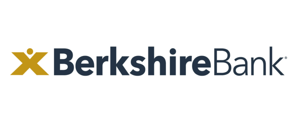 The Berkshire Bank logo features a modern and professional design. The left side of the logo displays a stylized gold "X" symbol with a circular dot above it, resembling a human figure with outstretched arms. To the right, the bank's name "BerkshireBank" is written in bold, dark blue letters with a mix of uppercase and lowercase fonts. A registered trademark symbol (®) is placed in the top right corner of the wordmark. The design conveys trust, accessibility, and a commitment to customer service.