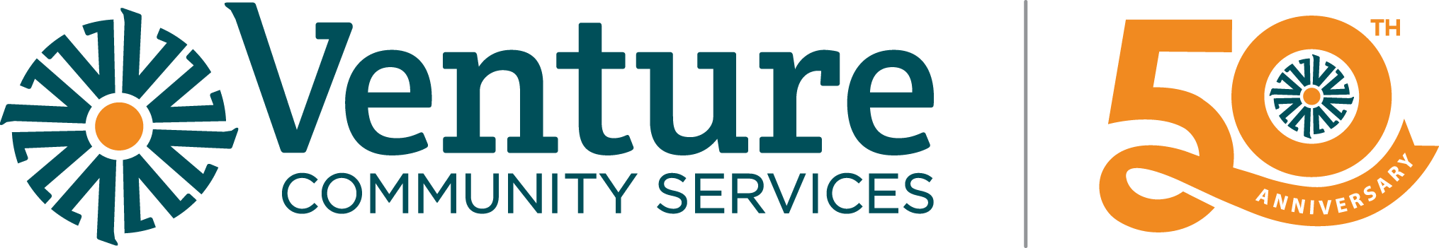 The Venture Community Services logo features a bold and modern design. The word "Venture" is displayed in a deep teal color using a strong serif font, with "Community Services" written underneath in a smaller, uppercase sans-serif font. To the left of the text, there is a circular emblem resembling a stylized sun or radial pattern, with a central orange circle surrounded by teal segments. To the right, there is a 50th Anniversary badge, celebrating the organization's milestone. The number "50" is in a large, bold, orange font, with the same circular emblem embedded inside the zero. The word "Anniversary" flows beneath the number in a curved ribbon-like shape. The combination of teal and orange creates a professional yet warm and inviting aesthetic, reflecting the organization's long-standing commitment to community service.