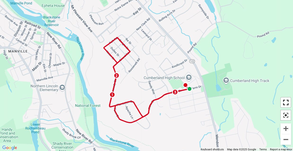 The image is a map showing a running or walking route in Cumberland, Rhode Island, with a red path outlining the course. The route starts near Cumberland High School, passes through residential neighborhoods, and loops around areas near Dulles Street, Roosevelt Road, and Apache Lane before returning toward the school. Key features: Three numbered markers (1, 2, and 3) possibly indicating mile markers or key waypoints. Cumberland High School and Cumberland High Track are visible, suggesting a connection to a school-related event. Natural surroundings include the Blackstone River Reservoir, National Forest, and Shady River Conservation Area. Nearby landmarks include Northern Lincoln Elementary School and Manville Pond. The mapped route suggests a community 5K or fitness event, likely combining urban and natural elements for an enjoyable outdoor experience.