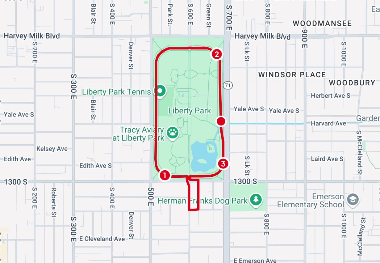 The image is a map highlighting a running or walking route around Liberty Park, with a red path outlining the loop. The route has numbered markers (1, 2, and 3) at different points, indicating possible checkpoints or start/finish locations. Nearby landmarks such as Tracy Aviary, Liberty Park Tennis, and Herman Franks Dog Park are labeled. Surrounding streets and neighborhoods, including Windsor Place and Woodmanse, provide geographic context.