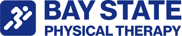 Logo for Bay State Physical Therapy featuring a stylized running figure in a blue square to the left of the bold blue text.