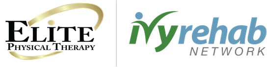 Logos of Elite Physical Therapy and Ivy Rehab Network. Elite Physical Therapy features a gold swoosh around 'Elite' with 'Physical Therapy' below. Ivy Rehab Network has 'ivy' in green with a person icon, 'rehab' in blue, and 'Network' in gray, indicating a partnership