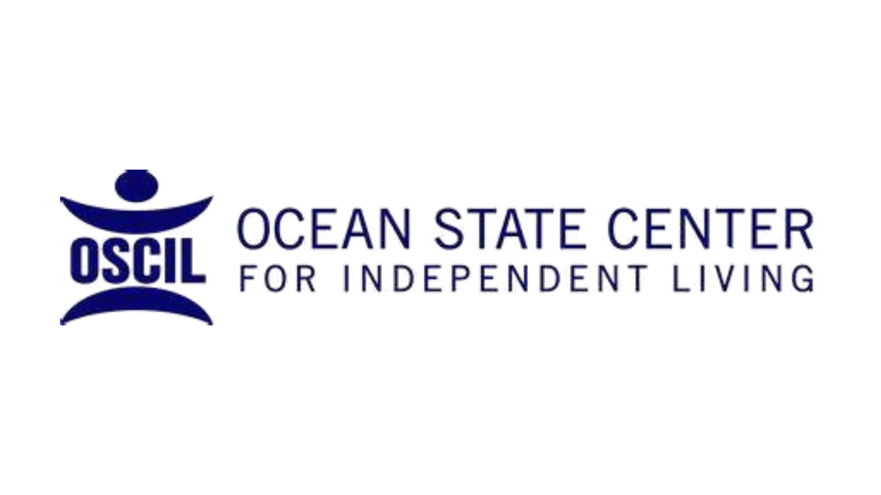 Logo for Ocean State Center for Independent Living with the acronym “OSCIL” in bold navy letters beside a stylized human figure and the full organization name in uppercase.