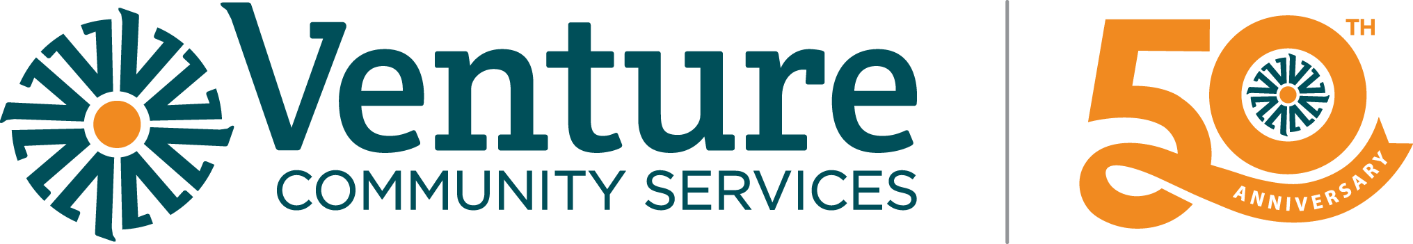 The image is the Venture Community Services logo, celebrating its 50th anniversary. On the left, "Venture" is written in bold, dark teal serif font, with "COMMUNITY SERVICES" in smaller uppercase letters below. To the left of the text, there is a circular emblem with a stylized design resembling abstract people radiating outward from an orange center. On the right, the number "50" is displayed in large, bold orange text, incorporating the same circular emblem inside the zero. The word "ANNIVERSARY" curves along the bottom of the zero, and "TH" appears as a superscript next to the number. The transparent background suggests a digital design for branding or promotional use.