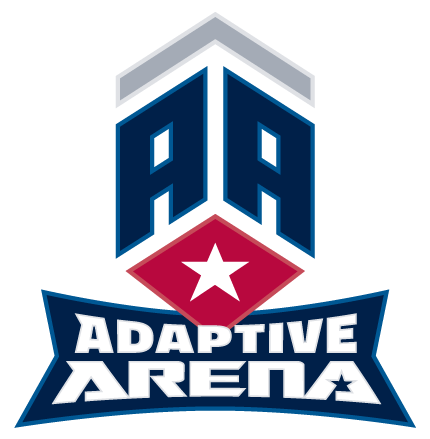 Alt Text: Logo for Adaptive Arena featuring bold blue letters “AA” with a red diamond and white star in the center, and the words “Adaptive Arena” in stylized white text below.