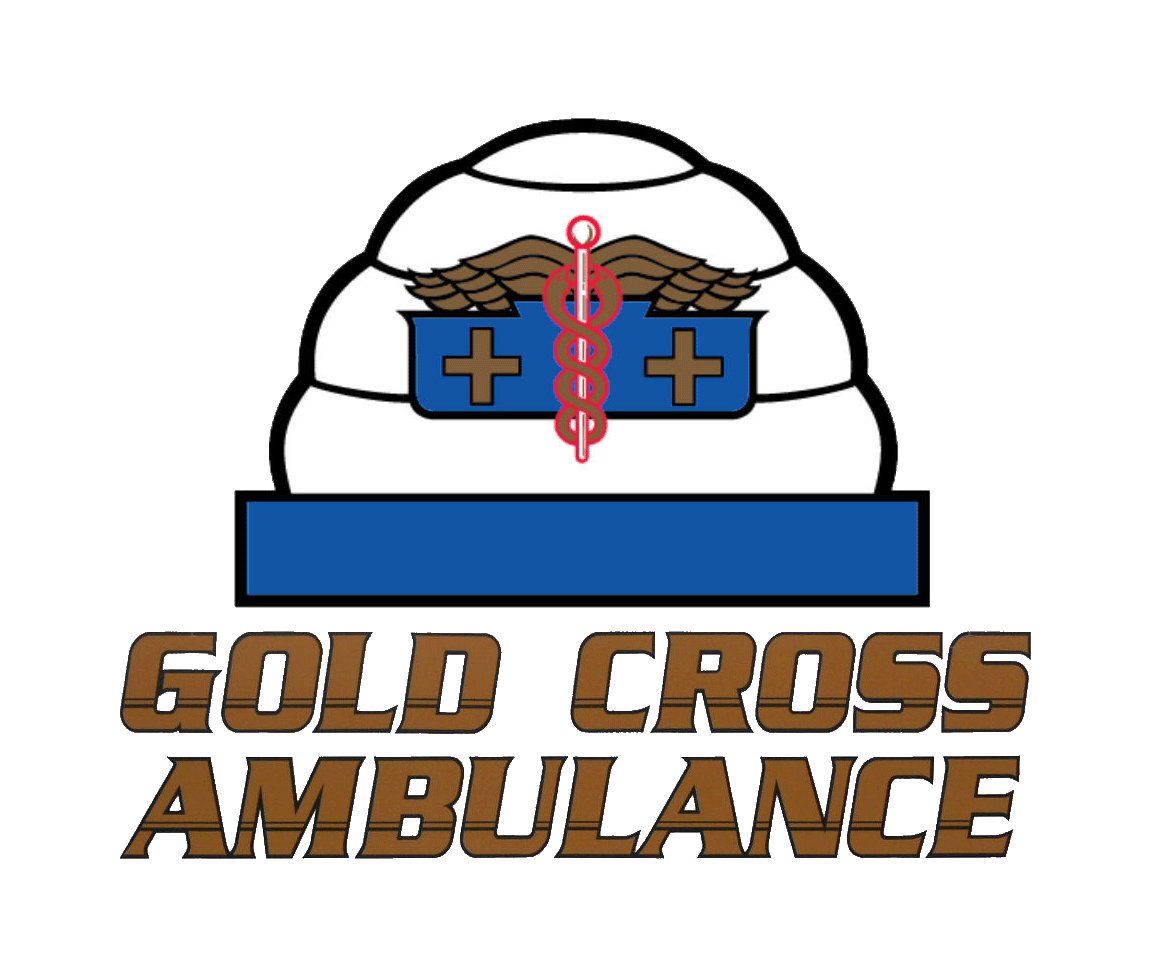 Logo for Gold Cross Ambulance featuring a white paramedic hat with gold wings, blue crosses, and a red caduceus symbol, with the company name in bold gold text below.