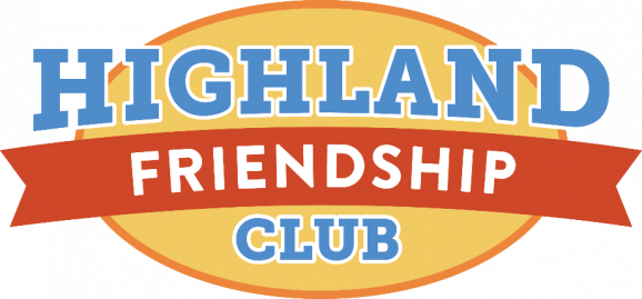 Logo for Highland Friendship Club, featuring bold blue and white text on a yellow oval background with a red ribbon banner across the center displaying the word "Friendship."