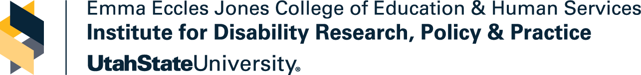 Logo for Utah State University’s Institute for Disability Research, Policy & Practice, part of the Emma Eccles Jones College of Education & Human Services, with abstract geometric design on the left.