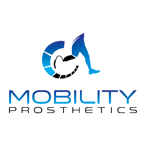 Logo for Mobility Prosthetics featuring a stylized blue prosthetic leg integrated into a circular design, with the company name below in gradient blue and black text.