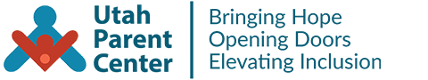 Logo for the Utah Parent Center featuring a stylized figure with a red heart and the tagline “Bringing Hope, Opening Doors, Elevating Inclusion” to the right.